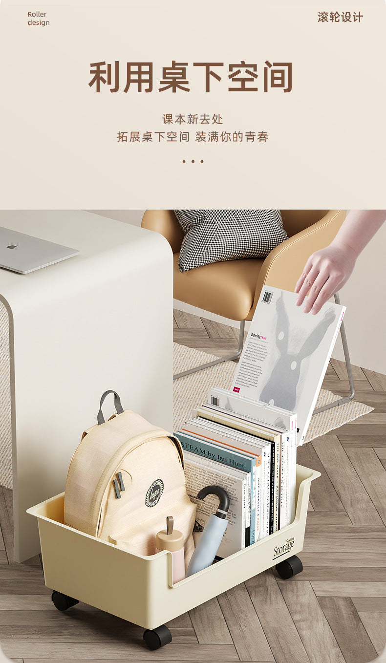 Under-Desk Book Storage Box with Wheels, Movable Book Case for Storing Books, Student Dormitory Essential Box